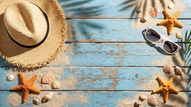 Summer vacation background with straw hat sunglasses and starfish on rustic blue wooden planks