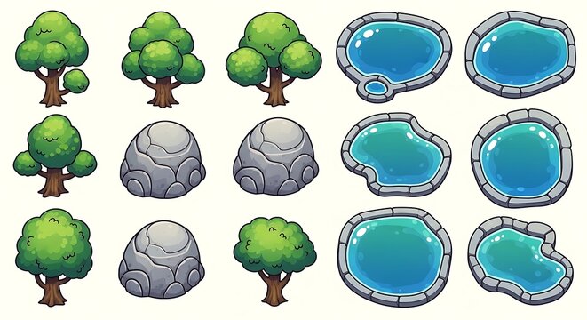 Pixel art game assets set with green trees grey rocks and blue water