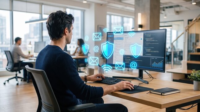 Man working at computer with floating cyber security icons, shield and email symbols, protecting data privacy, IT professional managing digital information systems in modern open