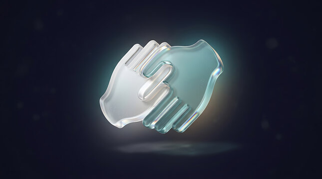 3d glowing handshake icon with light effect on dark background