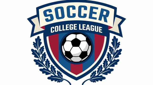 This dynamic image represents a soccer college league emblem, featuring a soccer ball and a shield design, symbolizing teamwork, competition, and athletic spirit in sports.