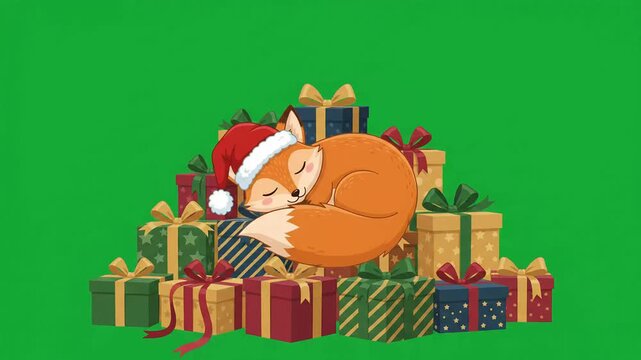 Chroma key animated cute sleeping fox wearing a Santa Claus hat resting on a festive pile of colorful wrapped Christmas gift boxes for holiday seasonal projects.
