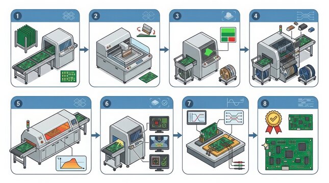 Smt production line workflow infographic showing electronic circuit
