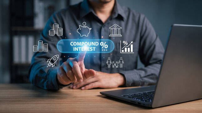 Businessman touching compound interest virtual screen for financial growth strategy