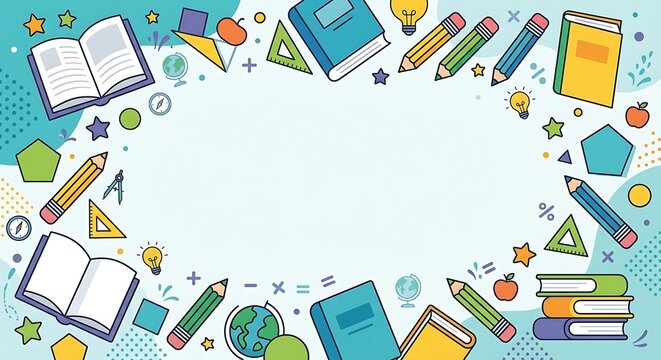 School supplies and books border on a light blue background
