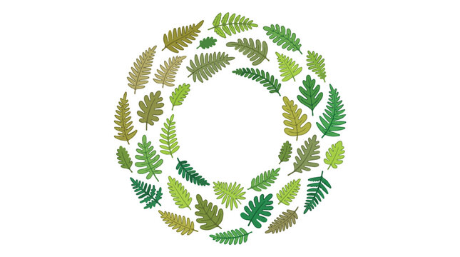 A lush circular wreath crafted from various stylized green and golden fern leaves arranged neatly on a plain white background.