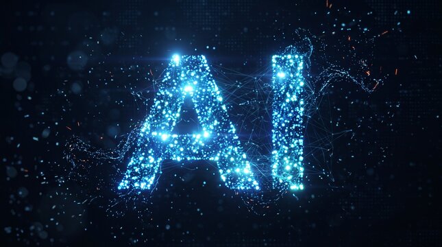 AI Text Made Of Glowing Blue Particles On Dark Background Artificial Intelligence Concept