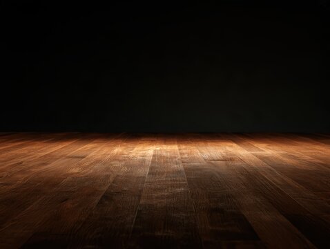 Empty wooden floor with warm lighting in dim room