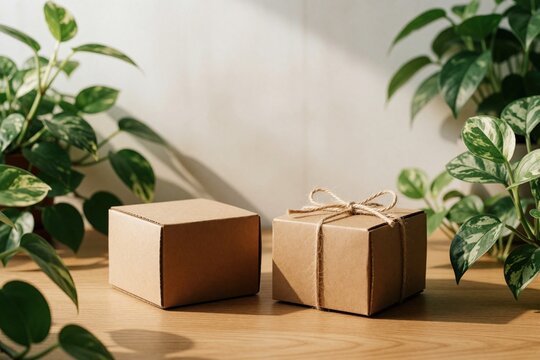 Two small brown cardboard boxes sit on wooden table. One box jute twine bow. Green houseplants surround packages in bright sunlight. Minimalist eco friendly packaging concept for small business