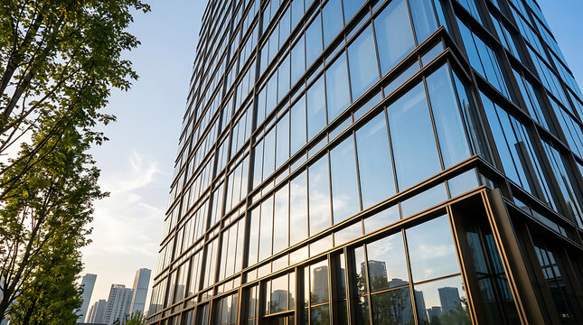 Modern glass facade office building skyscraper reflecting blue sky and urban landscape at sunset