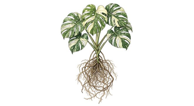 Watercolor Illustration of Variegated Monstera Albo Plant with Roots