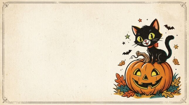 Mid Century Vintage Halloween Greeting Card Black Cat Pumpkin Copy Space

