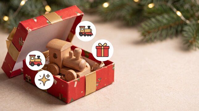 Christmas Wooden train toy inside a red gift box on a table with evergreen branches
