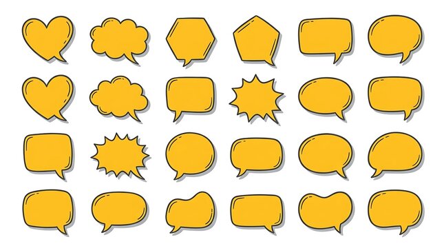 A diverse collection of bright yellow speech bubbles and thought balloons of different shapes arranged on a clean white backdrop