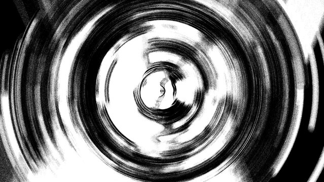 Abstract Concentric Circular Vinyl Noise Texture Black and White Radial Distortion Background HD. Monochrome Concentric Vinyl Groove Radial Distortion Noise Overlay Graphic Design.