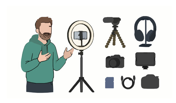 Vlogging equipment collection with male blogger smartphone camera and ring light vector