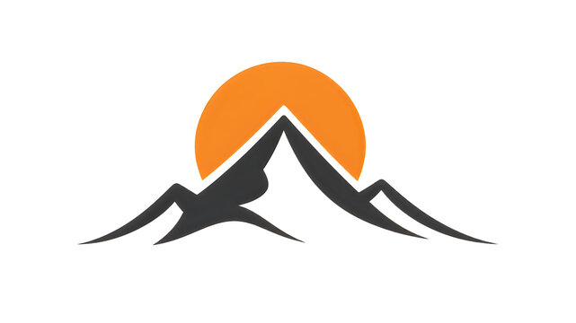 Minimalist mountain silhouette with sunset orange sun clipart for