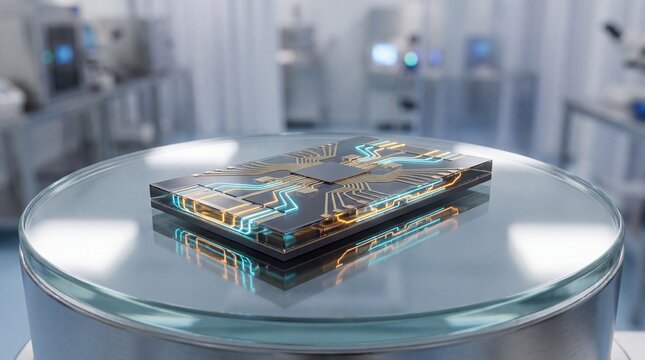 Cutting edge silicon photonics optical transceiver microchip with glowing laser waveguides on cleanroom inspection stage