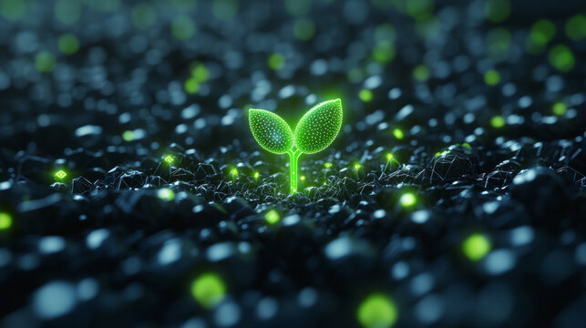 Futuristic digital green sprout growing from dark abstract polygonal network soil, concept of green technology and digital agriculture