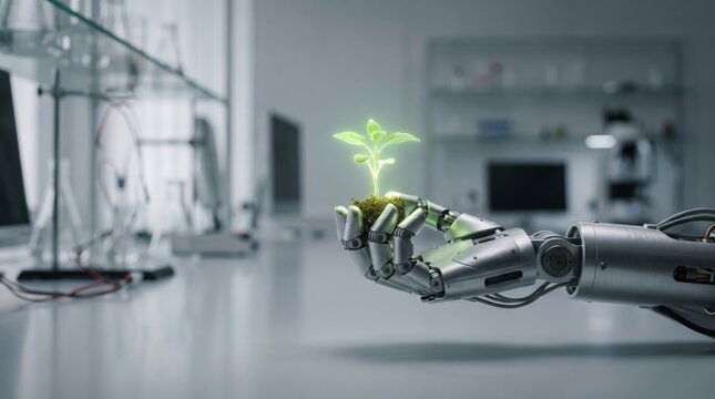 Robotic hand holding a glowing plant seedling
