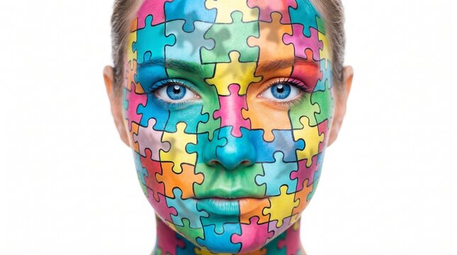 Young woman with multicolored puzzle piece pattern painted on her face