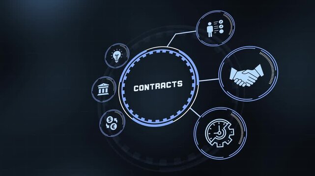 Futuristic HUD screen presenting contracts concept with business partnership and legal icons on dark background