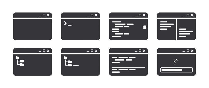 Mobile app interface screens with code and design elements. Digital device UI mockups. Smartphone, tablet, laptop, desktop screens. Vector illustration.