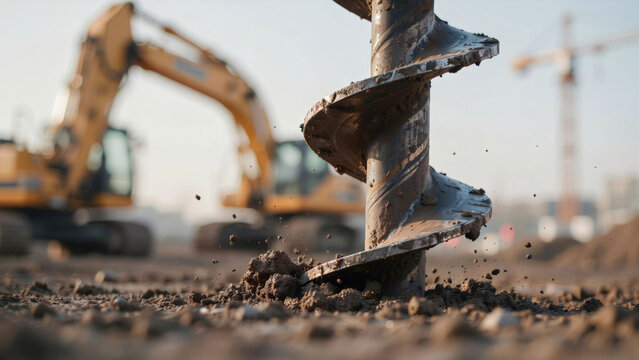 Industrial auger drill bit boring into the ground at an active construction site development zone with machinery blurred background rotates earth construction