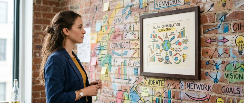 Young woman looking at a mind map on a brick wall covered with sticky notes and drawings about innovation and teamwork