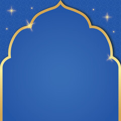 A luxury Sapphire Islamic ornament template featuring a golden mosque arch silhouette and sparkling stars. Perfect for Eid al-Fitr Mubarak greetings © jayed