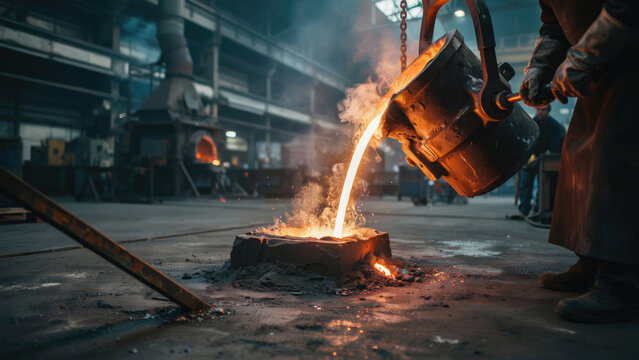 Industrial worker pouring molten metal from a crucible into a casting mold in a foundry with worker pours glowing heavy crucible sand mold workshop floor steel