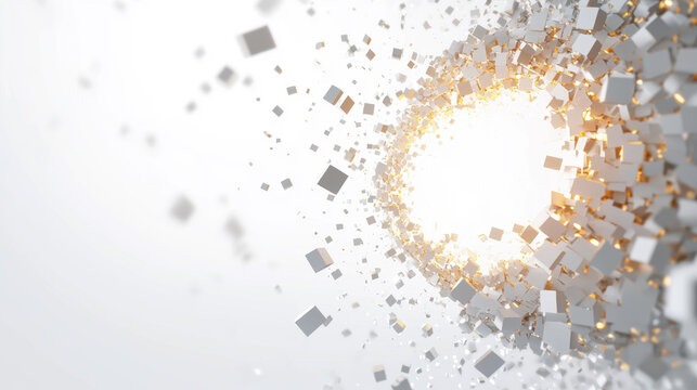 Abstract 3D background with exploding white and gold cubes and glowing light vortex
