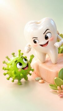 A 3D cartoon tooth character and a green virus character on a stone surface with green leaves nearby