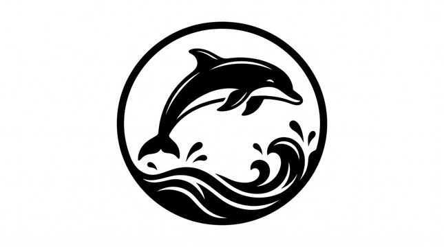 Playful dolphin jumping out of ocean waves in a circle with sea life wildlife monochrome illustration creature swimming