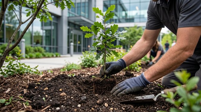 Worker planting young green tree sapling in rich dark soil outdoors near corporate building