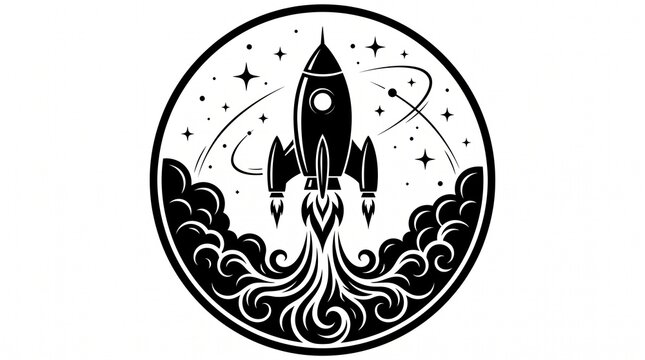 Circular black and white badge design featuring a spaceship rocket launching into starry space blast off background