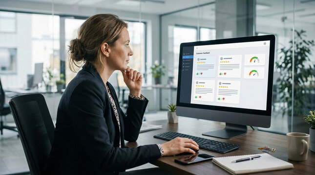 Professional businesswoman intensely analyzes business performance data and project analytics on a desktop computer, optimizing strategy and efficiency in office
