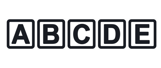 Black and white letter icons on transparent background. Alphabetical symbol blocks. A, B, C, D, E letters. Minimalist typography for branding, logos, design. Vector illustration. © bern