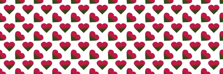 Seamless repeat pattern of green-to-pink gradient hearts on a white background. Modern, abstract, versatile design. © Ina Kariim