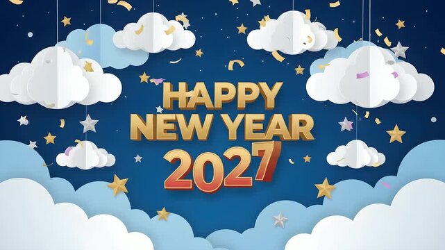 Happy New Year 2027 banner or party invitation background with clouds, bats and pumpkins in paper cut style. Paper style illustration. Full moon in orange sky, spiders web 4k video resolution