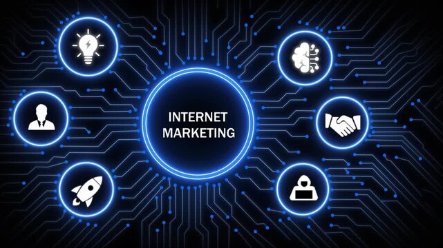 Dynamic internet marketing concept featuring glowing digital circuit board background, with animated representing, business growth, artificial, intelligence, innovation, strategy, and global