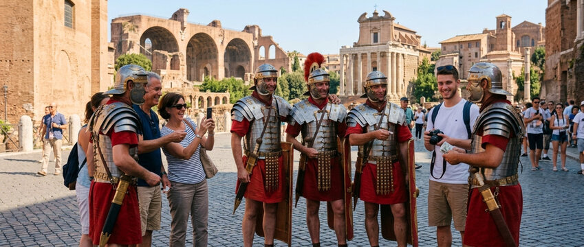 Tourists Interact with Roman Legionaries in Historic Rome Square