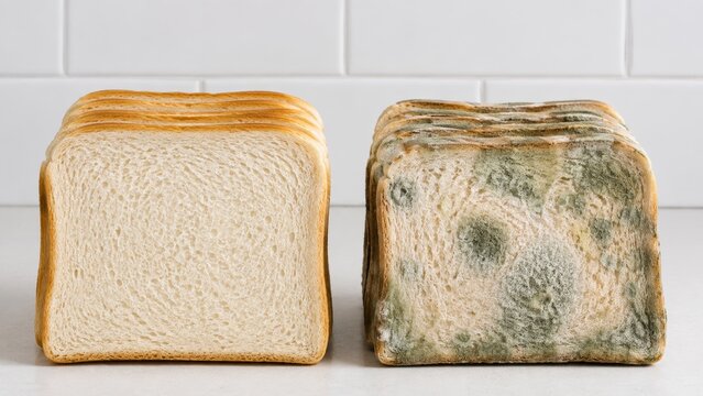 Comparison of fresh and spoiled bread showing food decay and waste. concept of expired food, mold growth, kitchen environment, household awareness, sustainable practices.