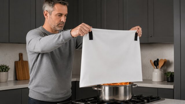 Man using a fire blanket to cover flames from a burning pot in a home kitchen. Household fire safety, emergency response, accident prevention, and cooking hazard awareness