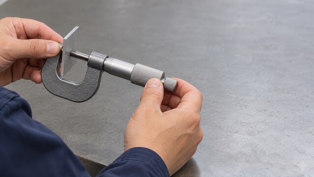Procurement engineer checking a metal sample with a micrometer
