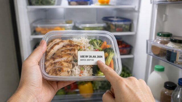 Person examining food expiration date on packaged meal in refrigerator filled with groceries. awareness of food safety, mindful consumption, checking product freshness