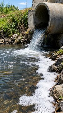 White foam forms at a stream near an industrial outfall pipe