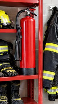 Firefighting foam canister on a shelf with protective gear
