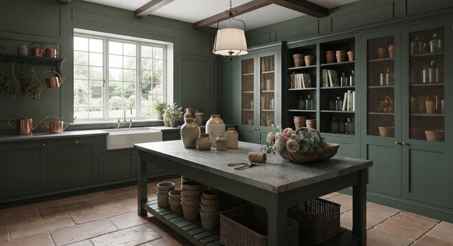 Traditional English Manor House Flower Scullery Heritage Forest Green and Terracotta Flagstones 3D Interior Design