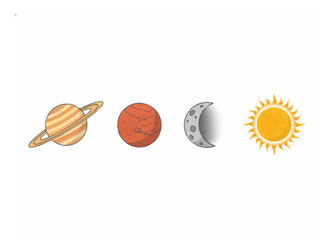 Solar system planets Saturn with rings red planet Mars and moon craters set, isolated on white background